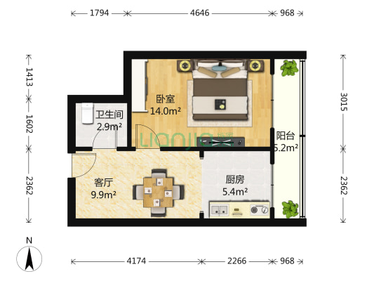 东向一居室，采光视野好，业主诚心出售，布局合理舒适