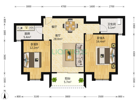瑞禾明苑 2室2厅1卫 96平方