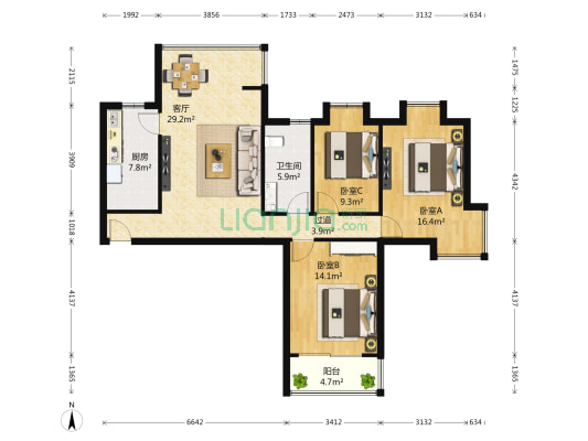 中北蔚蓝星座 3室1厅1卫 118平方