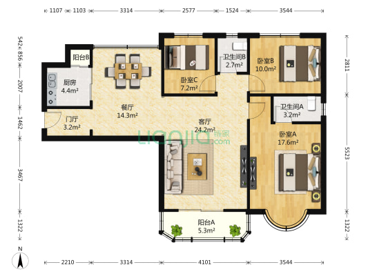 东方富苑 3室2厅2卫 106平方
