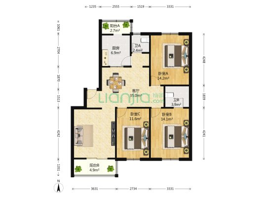 百花苑 3室1厅2卫 122平方