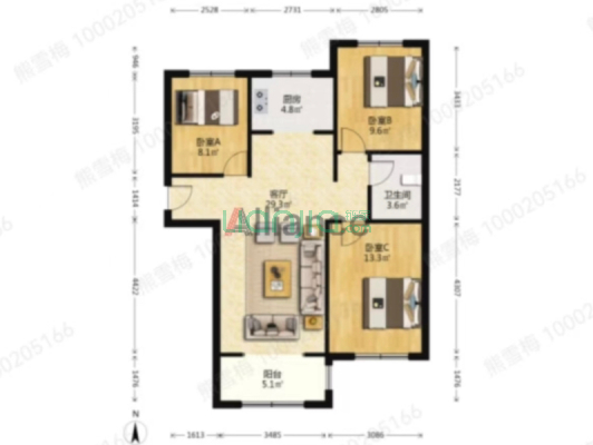精装南北通三居.好户型 中高楼层采光好.税费低-户型图