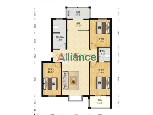 联合小区六号院 3室2厅 南 北-户型图