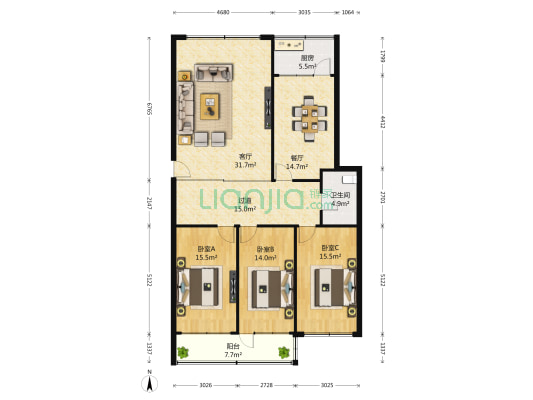 建设路91号 3室2厅1卫 158平方