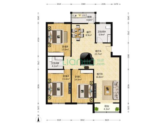 龙居花园6区 3室3厅2卫 143平方