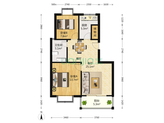小桥里 2室2厅1卫 89平方