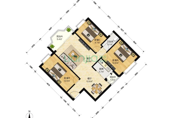 锦冠华城 3室2厅1卫 103㎡ 户型