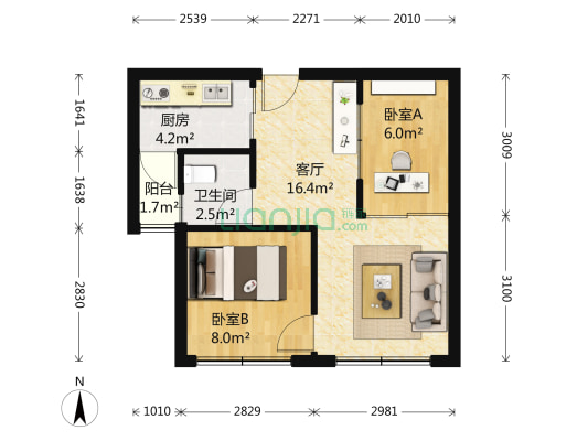 东盛启城 2室1厅1卫 60平方