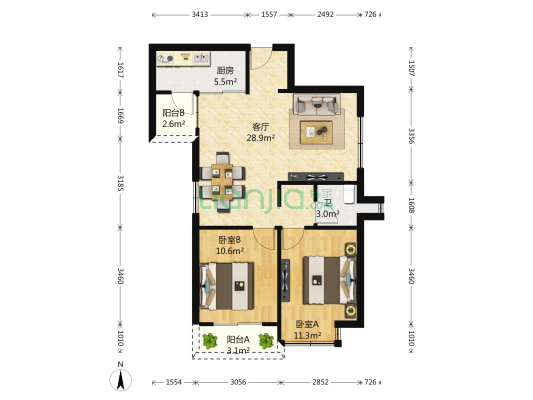 万科金色领域 2室1厅1卫 83平方