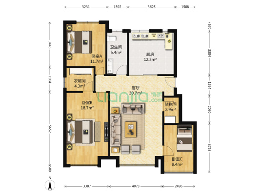 依山云水二期 3室1厅1卫 120平方