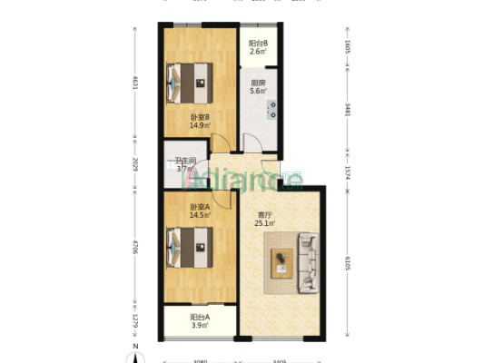 火车站 电梯房 南北通透大两居，靠谱急售-户型图