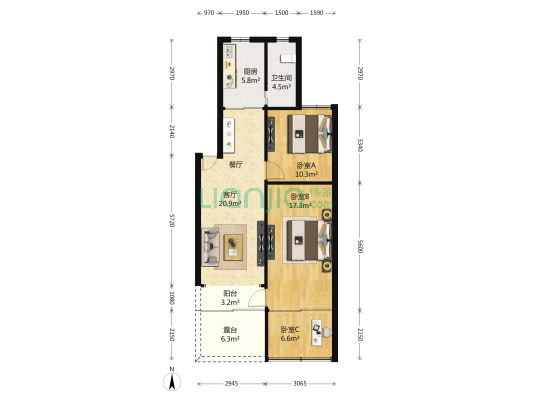 明丰苑 3室2厅1卫 75平方