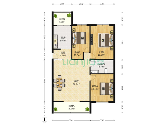 金源花园 3室1厅1卫 127平方