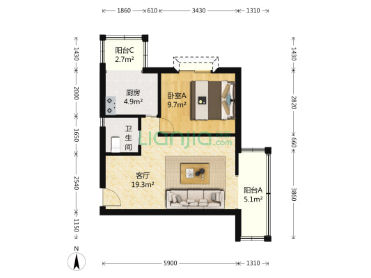 紫藤居(公寓) 1室1厅1卫 61平方