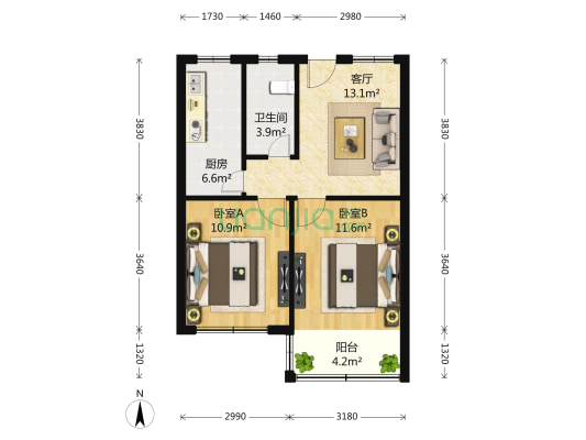 朝阳大楼 2室1厅1卫 79平方