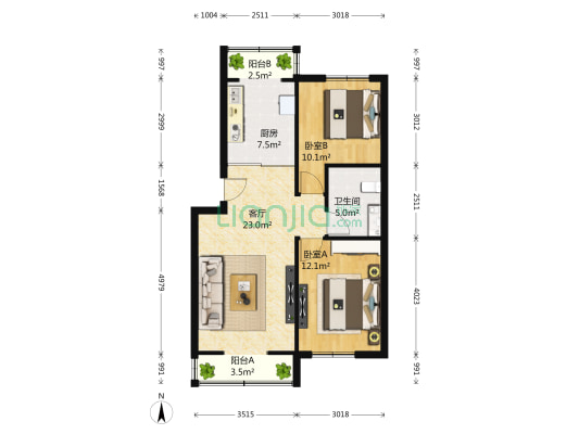 水木天成闻涛园 2室1厅1卫 94平方
