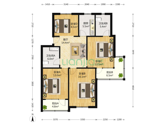 樱花小区 4室1厅2卫 113平方
