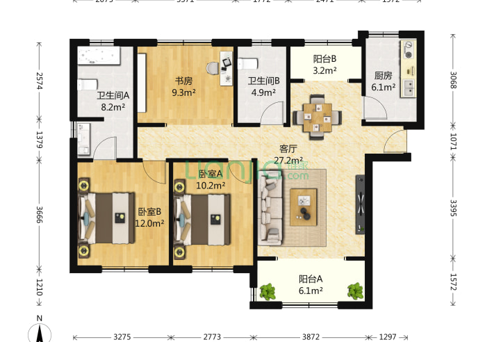 河东融科瀚棠 3室1厅2卫 126㎡ 户型