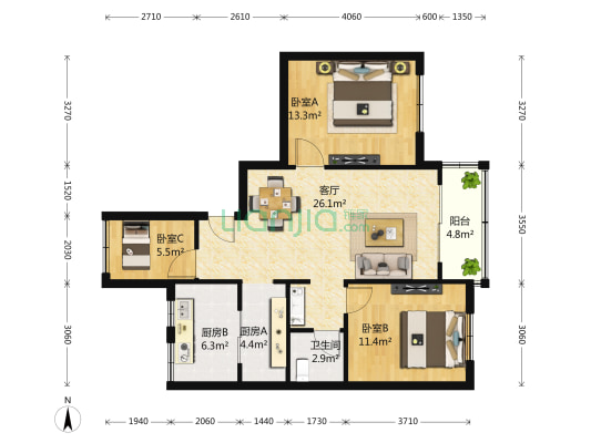 润和欣苑 3室2厅1卫 93平方
