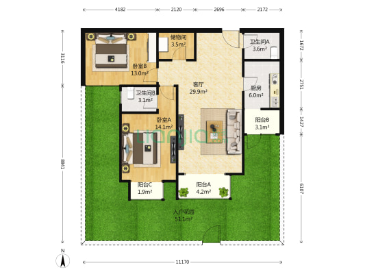 绿波漫板 2室1厅2卫 113平方
