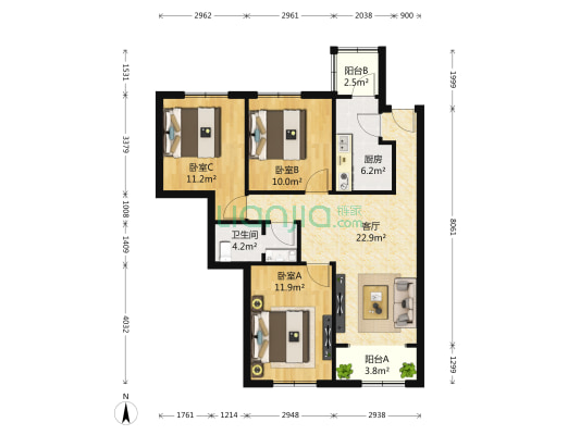 融泽嘉园中路1号院 3室1厅1卫 113平方