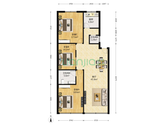 高桥皮具城 3室1厅2卫 133平方