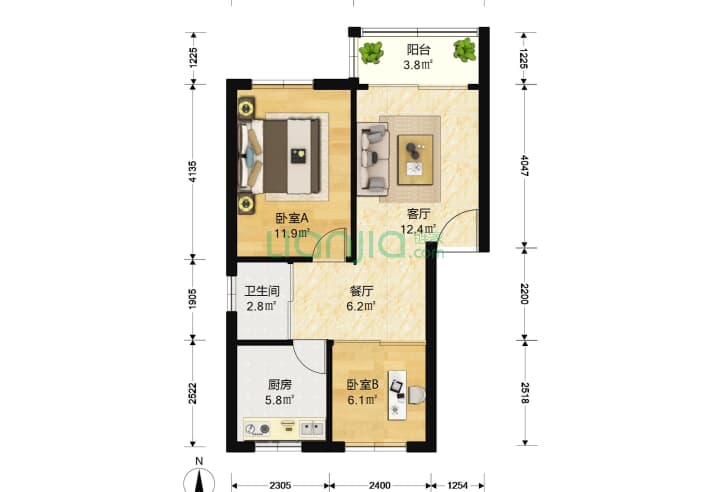 潜龙花园 2室2厅1卫 66㎡ 户型