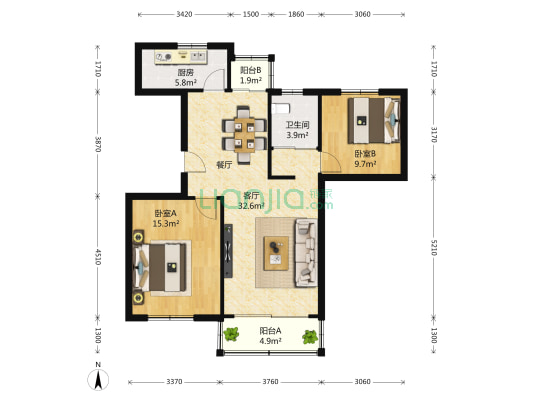 四季绿城 2室2厅1卫 96平方