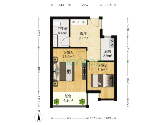 毛家桥公寓 2室1厅1卫 53平方