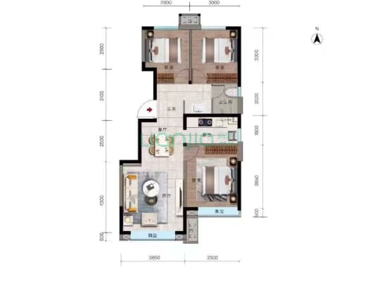 华侨城·城市客厅 3室2厅 南 北-户型图