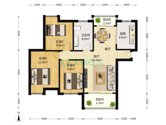 富力桃园B区 3室2厅1卫 90平方