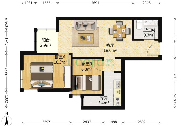 住欣家园 2室1厅1卫 67㎡ 户型