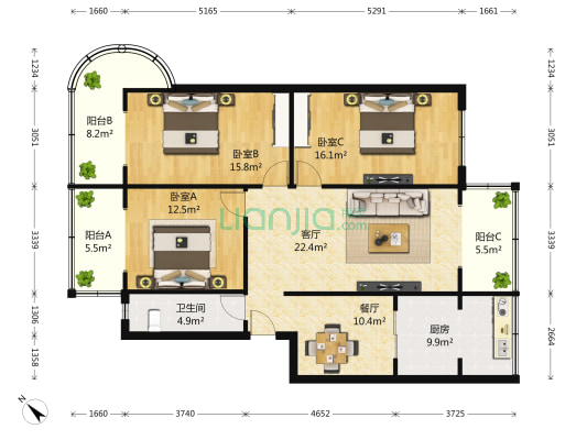 星辉中路20号 3室2厅1卫 127平方