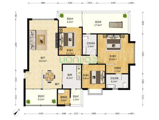 河畔新世界 3室1厅2卫 139平方