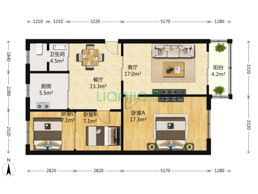 大盈公寓 3室2厅1卫 98平方