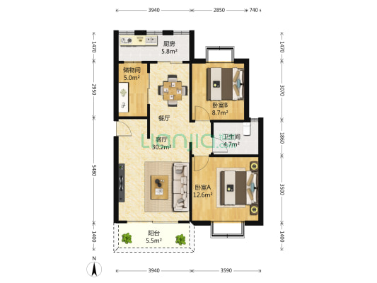 保利雅苑 2室1厅1卫 96平方