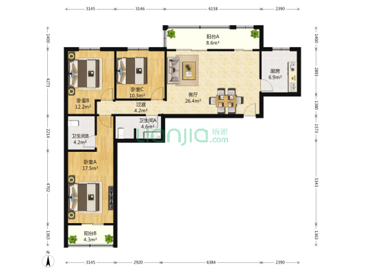 东丽温泉 3室1厅2卫 136平方