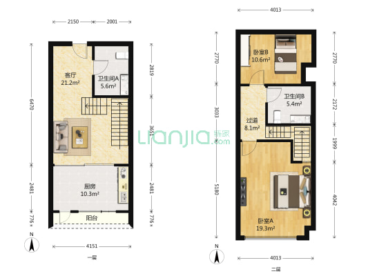 新天地中心 2室1厅2卫 55平方