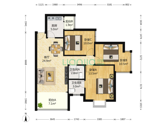 东立国际花城 3室1厅2卫 97平方
