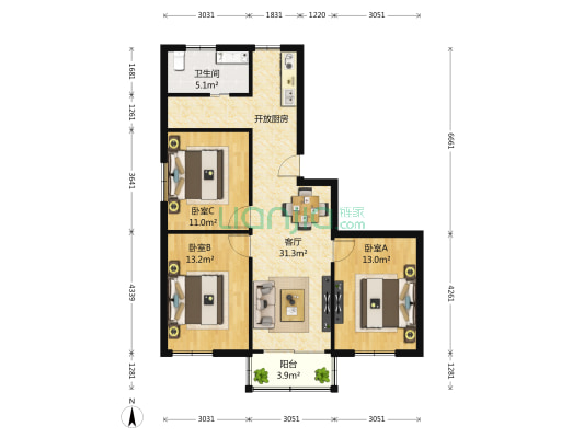 南环西路2015号 3室1厅1卫 95平方