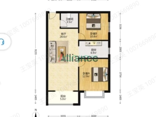 急售汇元京品朝南两居，简装，价格美丽-户型图