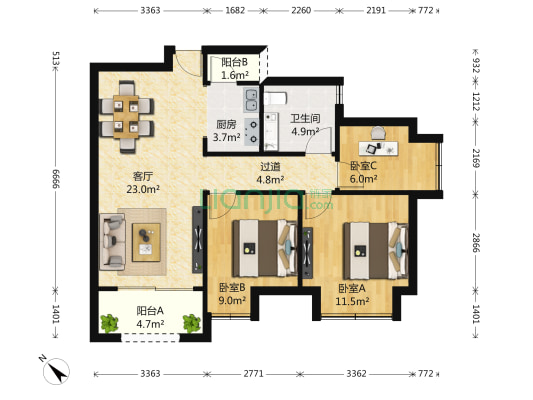 鼎元别院 3室1厅1卫 89平方