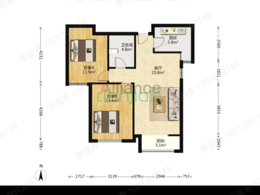 鸿坤理想湾北区 南向大两居  采光好  小区绿化高-户型图