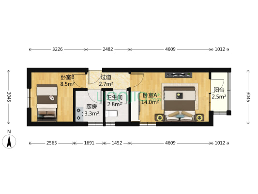 石灯胡同6号院 2室0厅1卫 43平方