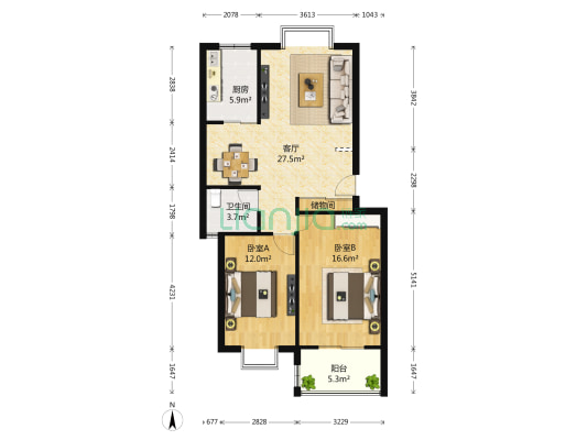 中国重汽嘉祥苑 2室1厅1卫 97平方
