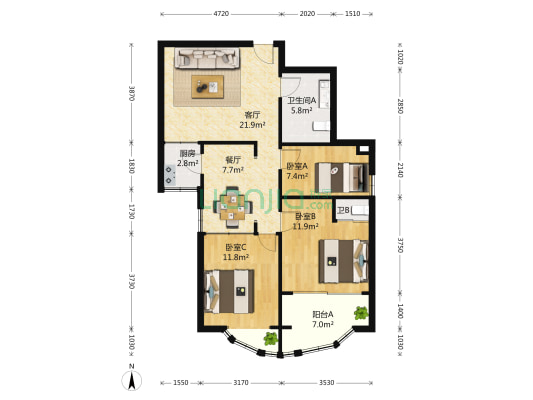 泰业公寓 3室2厅2卫 105平方