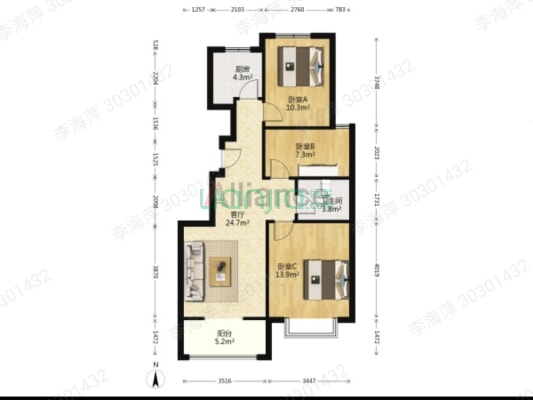 天地新城 3室1厅 南 北-户型图