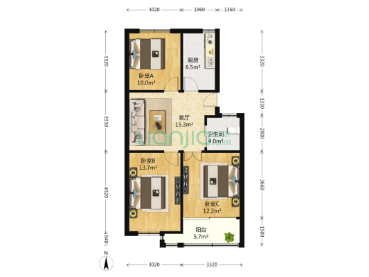 光复新苑 3室1厅1卫 85平方