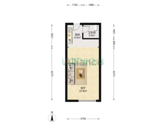 同善园银座 1室1厅 南-户型图