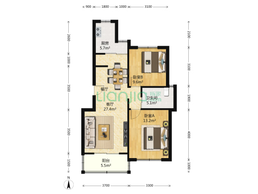 中凌滨江苑 2室2厅1卫 86平方